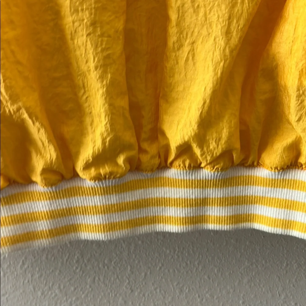 LIZ WEAR Vibrant Yellow Bomber Jacket with Striped Collar and Relaxed Fit - Picture 13 of 13